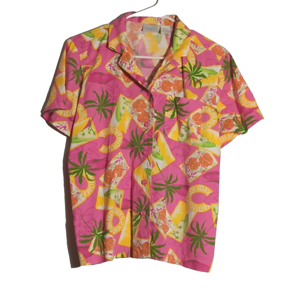 Erika Petite PM Shirt Button Up Floral Short Sleeves Pocket Pink Yellow
